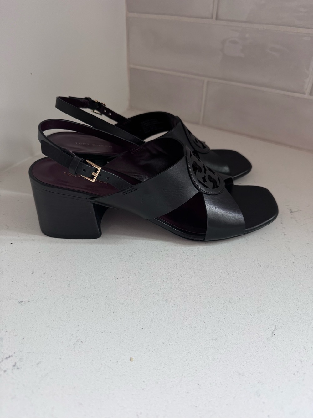 Tory Burch Miller Black Leather Logo Slingback Block Heels